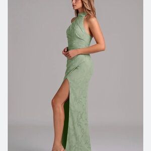 High-Neck Sage Green Evening Dress